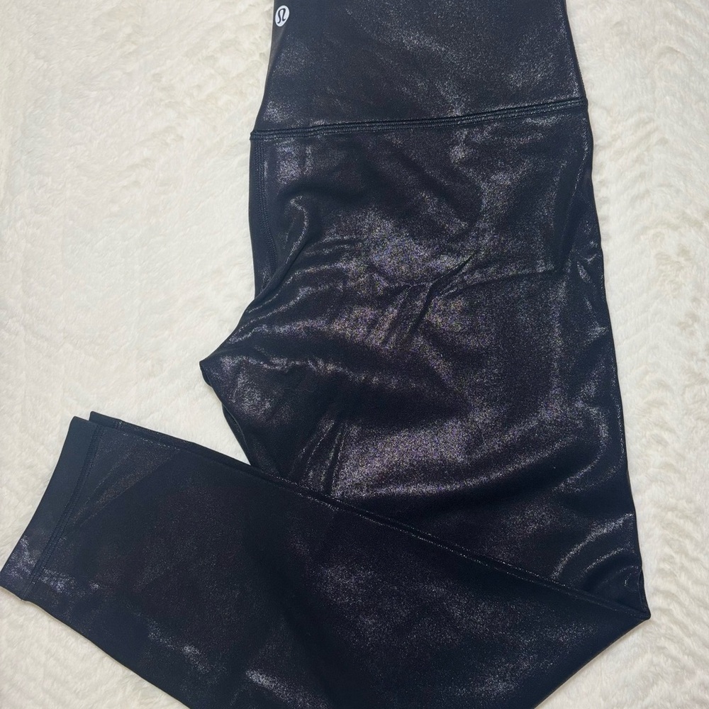 Lululemon Wunder Under High Rise Shiny Leggings Black Faux Leather Size 12!!